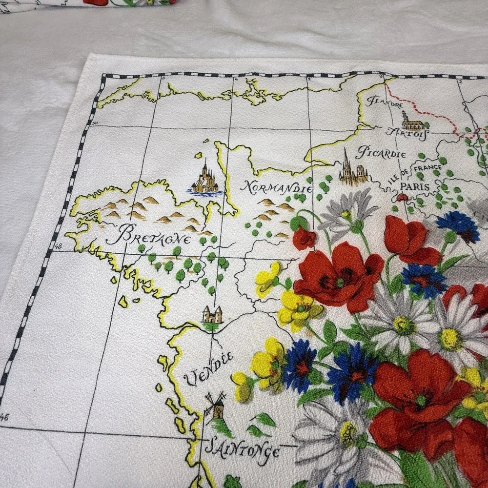 Vintage Vony France Tea Towels Set of 5 Floral Map Kitchen Linens MCM Decor